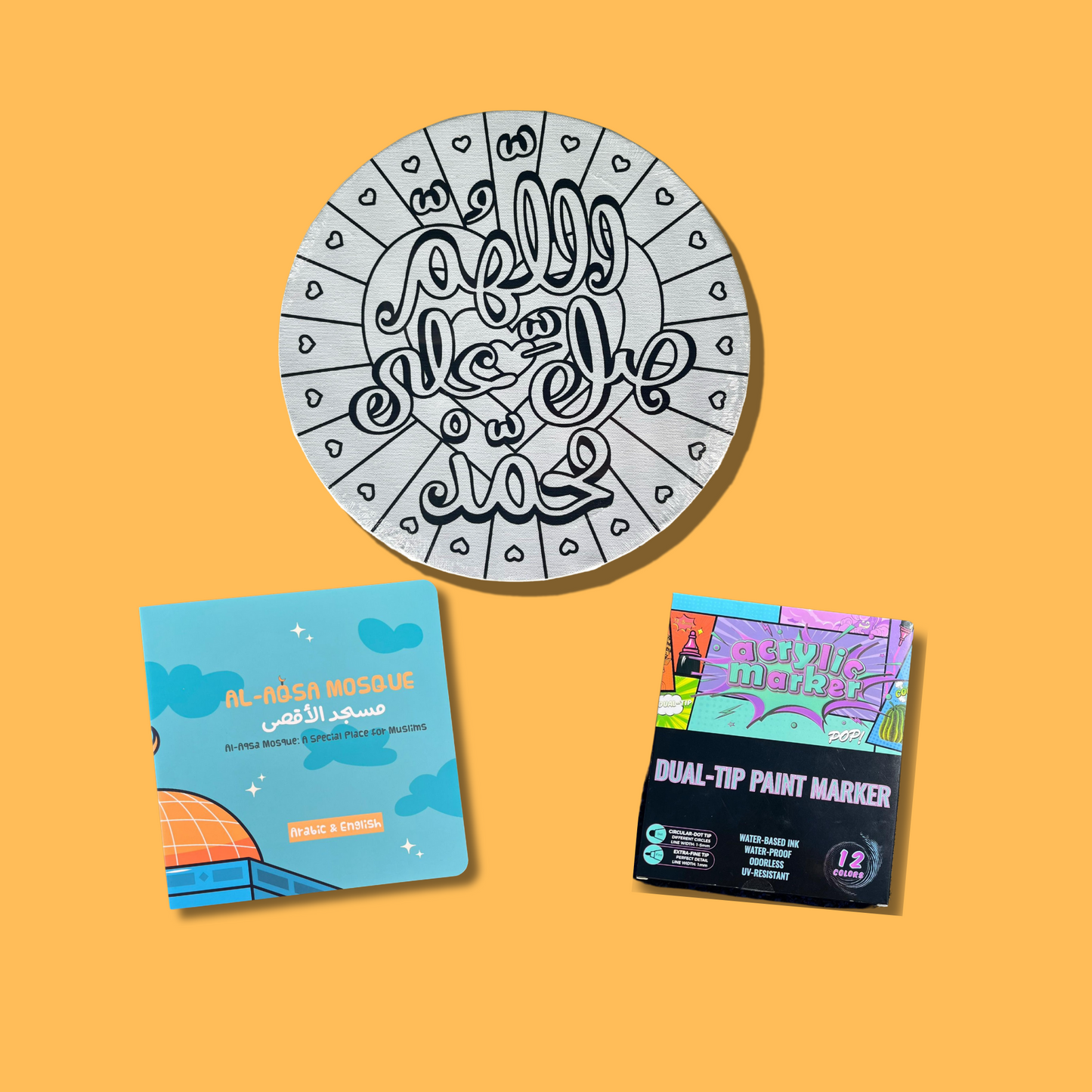 Designer Calligraphy Bundle (Salawat Circular Canvas, Al-Aqsa Book, & Paint Markers)