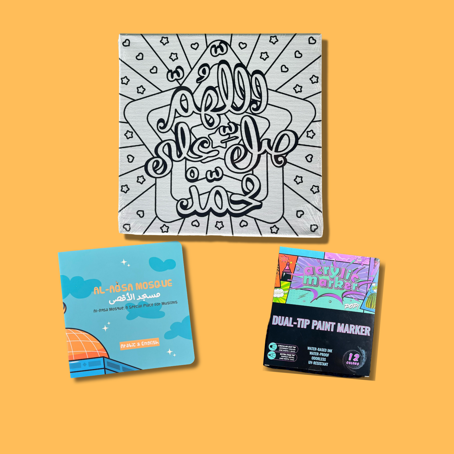 Designer Calligraphy Bundle (Salawat Square Canvas, Al-Aqsa Book, & Paint Markers)